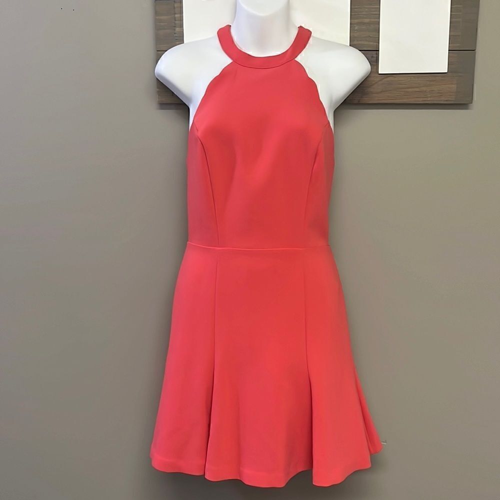 bebe Coral Sleeveless Scalloped Detail Flare Dress w/ High Neck & Pleats- Size 4